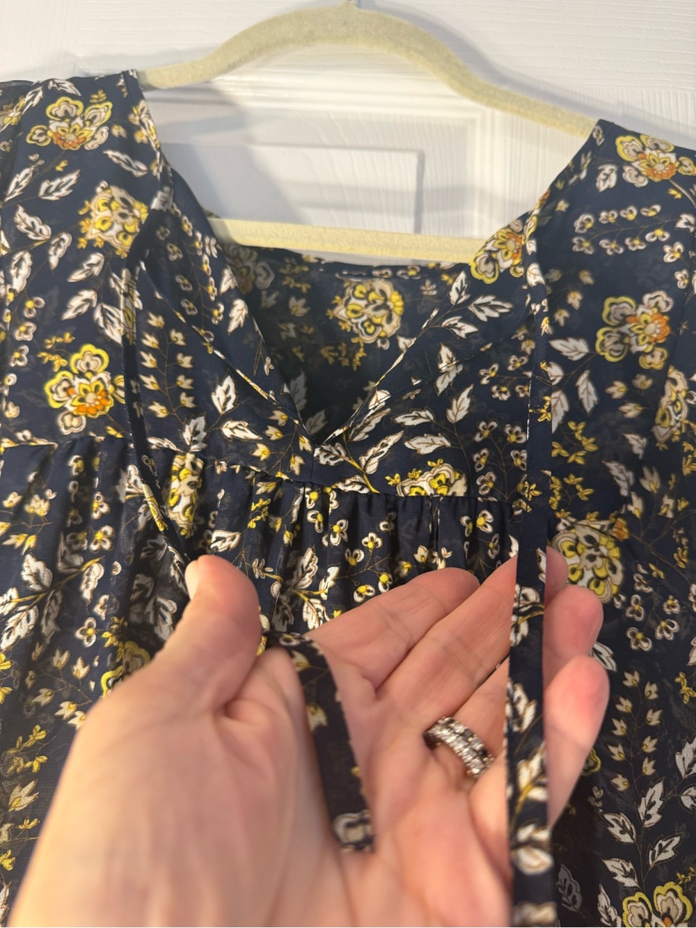 Gap Navy Floral Tie-Front Blouse with Yellow Accent
